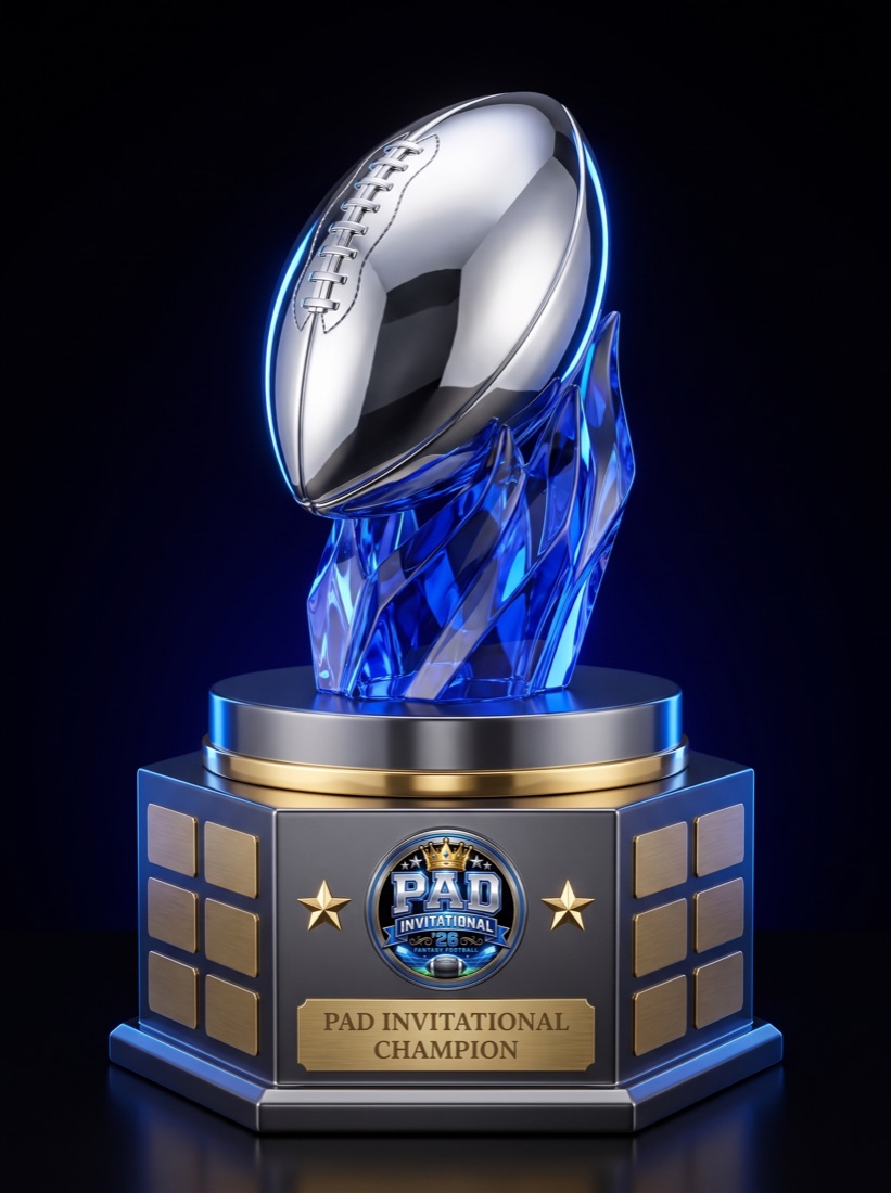 PAD Invitational championship trophy — chrome football in royal blue crystal on a plated base